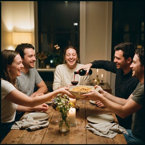 Friends passing pasta at a candlelit Sunday supper