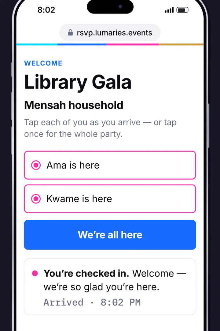 A guest phone at the door: “Welcome, Mensah household”, Ama and Kwame are here, checked in at 8:02 pm.